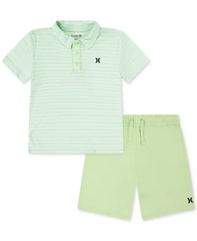 Hurley Kids' Little Boys H2o-dri Stripe Polo & Shorts Set In Faded Green