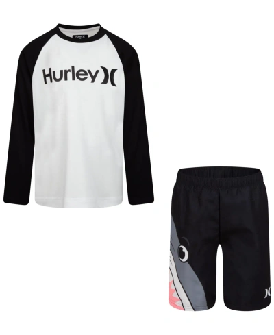 Hurley Kids' Little Boys Shark Teeth Swimsuit, 2 Piece Set In Black