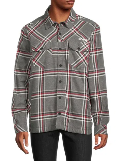 Hurley Men's Plaid Faux Shearling Lined Shacket In Charcoal Multi