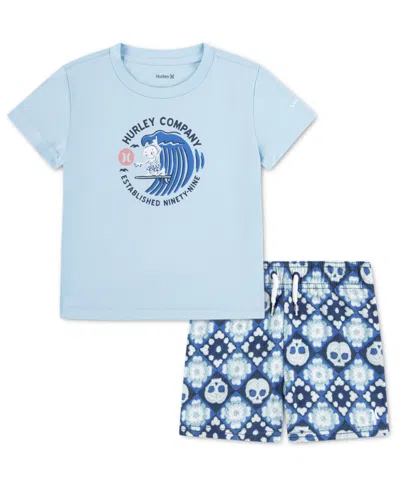 Hurley Babies' Toddler Boys' 2t-4t Crochet Skull Swim T-shirt And Shorts, 2-piece Set In Blue