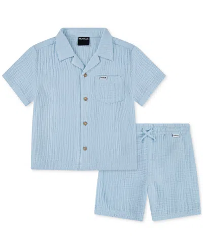 Hurley Babies' Toddler Boys Cotton Gauze Camp Shirt & Shorts, 2 Piece Set In Blue Ice