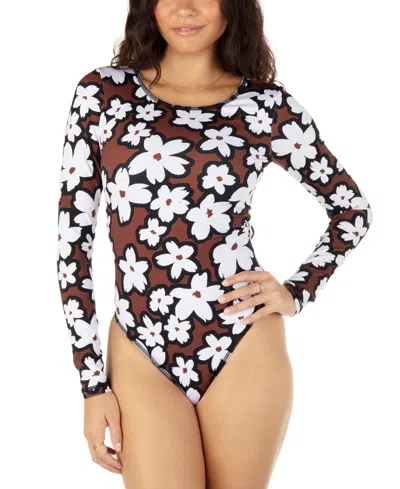 Hurley Women's Bold Daisy Printed Long-sleeve One-piece Swimsuit In Cinnamon