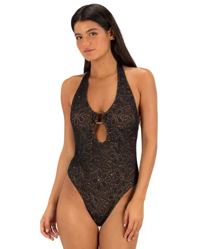 Hurley Women's Coconut Ring Soop Neck Moderate Coverage One-piece Swimsuit In Black