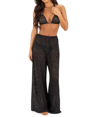 Hurley Women's Pull-on Flower Crochet Beach Cover-up Pants In Black