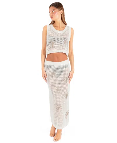 Hurley Women's Scoop Neck Embroidered Crochet Jacquard Swim Tank Top In White