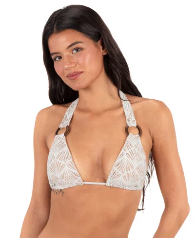 Hurley Women's V-neck Shell Crochet Ring Tri Tie Bikini Halter Top In White