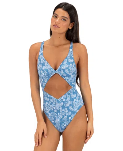 Hurley Women's V-neck Cheeky Coverage One-piece Swimsuit In Denim Paisley