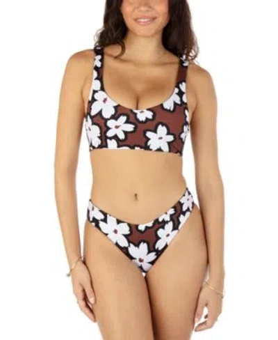 Hurley Womens Bold Daisy Scoop Neck Bikini Top Bold Daisy Mid Rise Bikini Bottoms In Cinnamon