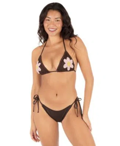 Hurley Womens Flower Crochet Bikini Top Cheeky Tie Side Swim Bottoms In Brown