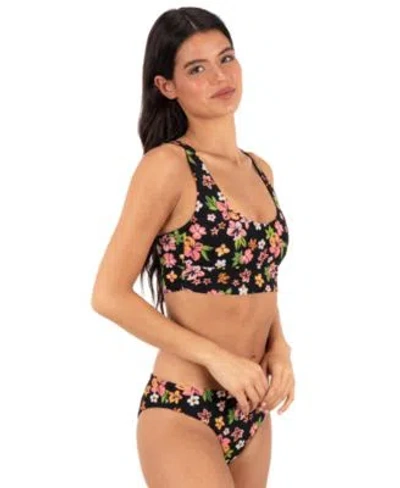 Hurley Womens Max Hibiscus Dream Longline Bralette Top Mid Cheeky Bottoms In Black