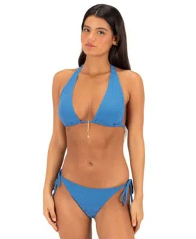 Hurley Womens Seaside Charm Stripe Convertible Bikini Halter Top Skimpy Coverage Low Hip Swim Bottom In Denim