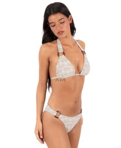 Hurley Womens V Neck Shell Crochet Ring Tri Tie Bikini Halter Top Pull On Bottoms In White