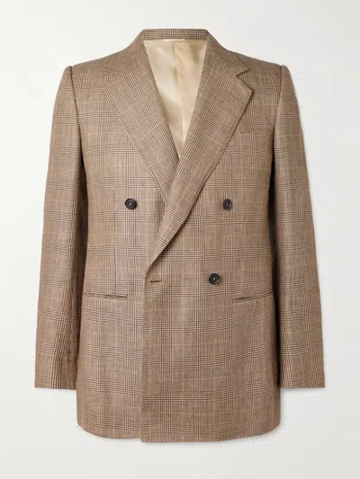 Husbands Double-breasted Prince Of Wales Checked Worsted Wool And Linen-blend Blazer In Brown