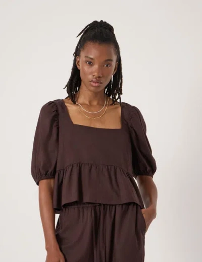 Hush Alva Puff Sleeve Linen Beach Top In Brown