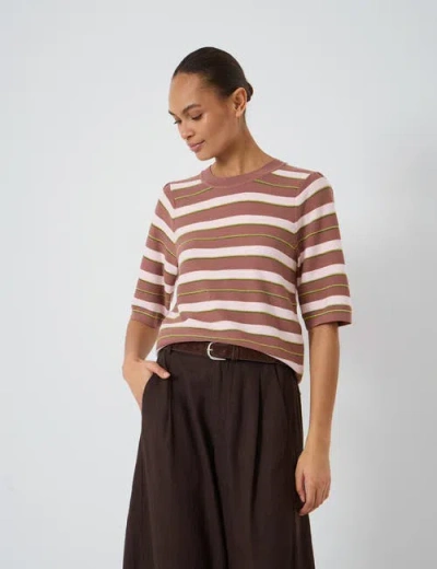 Hush Gathered Shoulder Stripe Knitted T-shirt In Brown