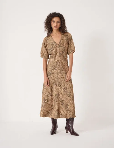 Hush Grace V-neck Puff Sleeve Satin Dress In Brown