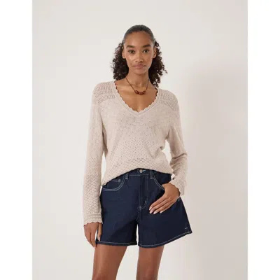 Hush Pointelle Cotton V-neck Sweater In Neutral