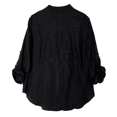 Hut Noosa Women's Black Embroidered Palm Boyfriend Linen Shirt