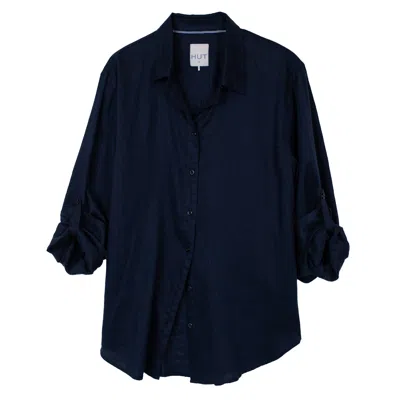 Hut Noosa Women's Blue Navy No Pocket Boyfriend Linen Shirt