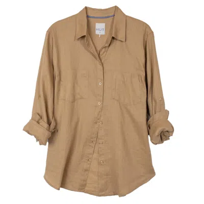 Hut Noosa Women's Brown Croissant Boyfriend Linen Shirt