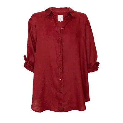 Hut Noosa Women's Red Burgundy Boyfriend Linen Shirt