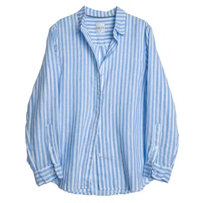 Hut Noosa Women's Sky Blue Yarn Dyed Stripe Boyfriend Linen Shirt