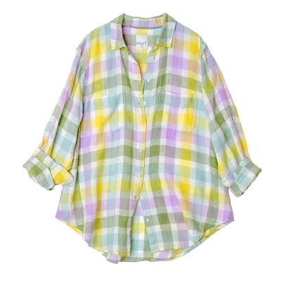 Hut Noosa Women's Summer Days Plaid Boyfriend Linen Oversized Shirt