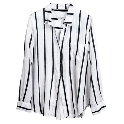 Hut Noosa Women's Black / White City Nights Stripe Boyfriend Linen Shirt In White/black