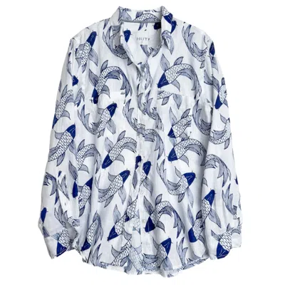 Hut Noosa Women's Blue / White Koi Print Boyfriend Linen Shirt In White/blue