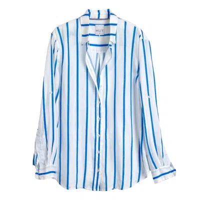 Hut Noosa Women's Blue / White Miami Stripe Boyfriend Linen Shirt In White/blue