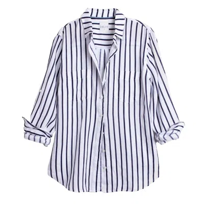 Hut Noosa Women's Blue / White Navy & White Stripe Boyfriend Linen Shirt In White/blue