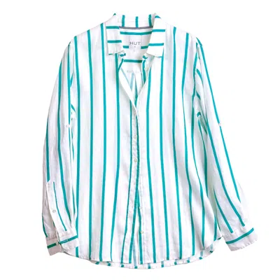 Hut Noosa Women's Green / White Bermuda Green Stripe Boyfriend Linen Shirt In White/green