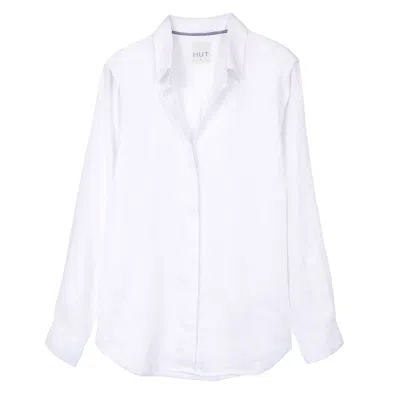 Hut Noosa Women's White Hidden Placket Boyfriend Linen Shirt