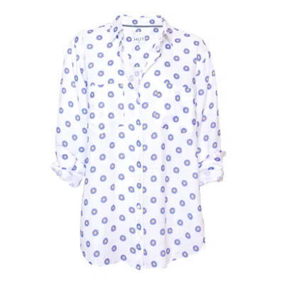 Hut Noosa Women's White / Pink / Purple Bellis Print Boyfriend Linen Shirt In White/pink/purple