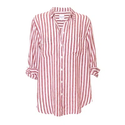Hut Noosa Women's White / Red Yarn Dye Rhubarb Stripe Boyfriend Linen Oversized Shirt