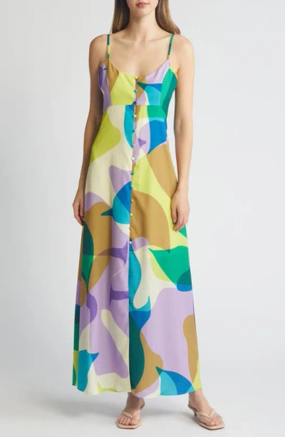 Hutch Abstract Print Button Front Maxi Dress In Pop Green Geo