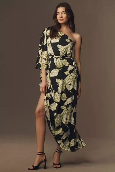 Hutch Adina One-shoulder Asymmetrical Stretch Satin Midi Dress In Black