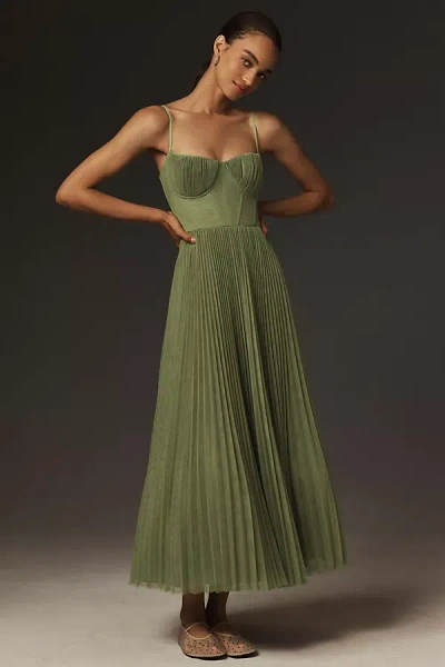 Hutch Amara Corset Pleated Tulle Fit & Flare Midi Dress In Green