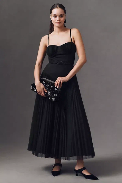 Hutch Amara Corset Pleated Tulle Drop-waist Fit & Flare Midi Dress In Black