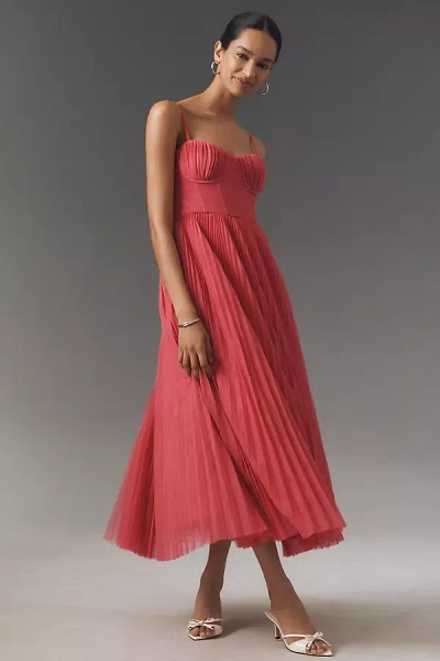 Hutch Amara Corset Pleated Tulle Fit & Flare Midi Dress In Red