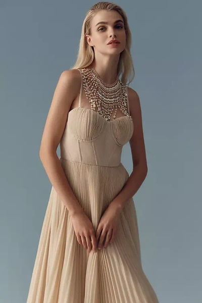 Hutch Amara Corset Pleated Tulle Fit & Flare Midi Dress In Beige