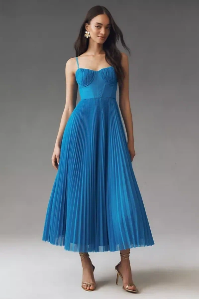 Hutch Amara Corset Pleated Tulle Fit & Flare Midi Dress In Blue