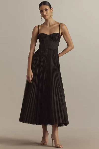 Hutch Amara Corset Pleated Tulle Fit & Flare Midi Dress In Brown