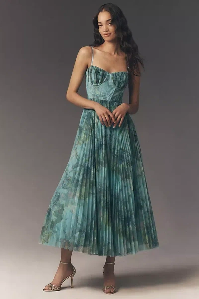 Hutch Amara Corset Pleated Tulle Fit & Flare Midi Dress In Green