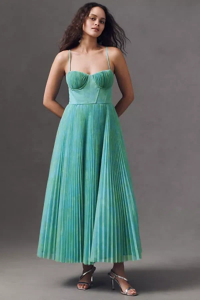 Hutch Amara Corset Pleated Tulle Fit & Flare Midi Dress In Mint