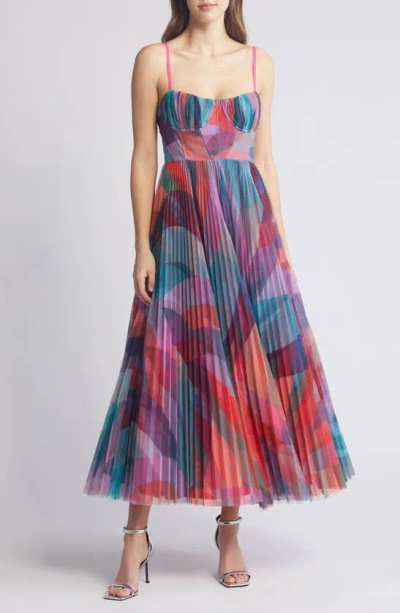 Hutch Amara Floral Bustier Pleated Fit & Flare Dress In Rainbow Waves