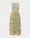 Hutch Amora Deep V-neck Tiered Tulle Gown In Sky Condensed Dramatic Outline Floral