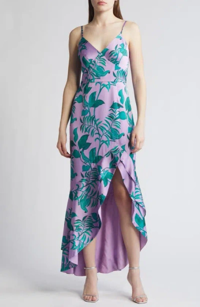 Hutch Angel Tropical Print Satin High-low Dress In Patina/ Purple Tropical