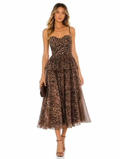 Hutch Animal Print Pleated Peplum Midi Dress In Brown