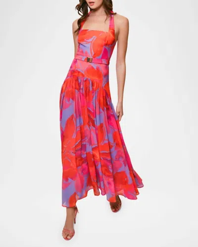 Hutch Aza Pleated Floral-print Halter Maxi Dress In Purple Watercolor Gardenia In Multi